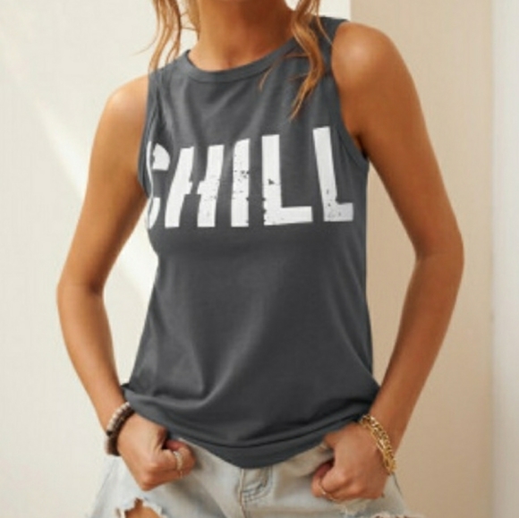 NWT "CHILL" Graphic Tee Tshirt Tank Top L,XL,XXL Dk Gray charcoal - Picture 5 of 5
